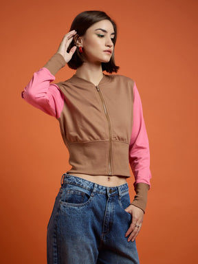 Brown WHO CARES Color Block Crop Jacket-SASSAFRAS