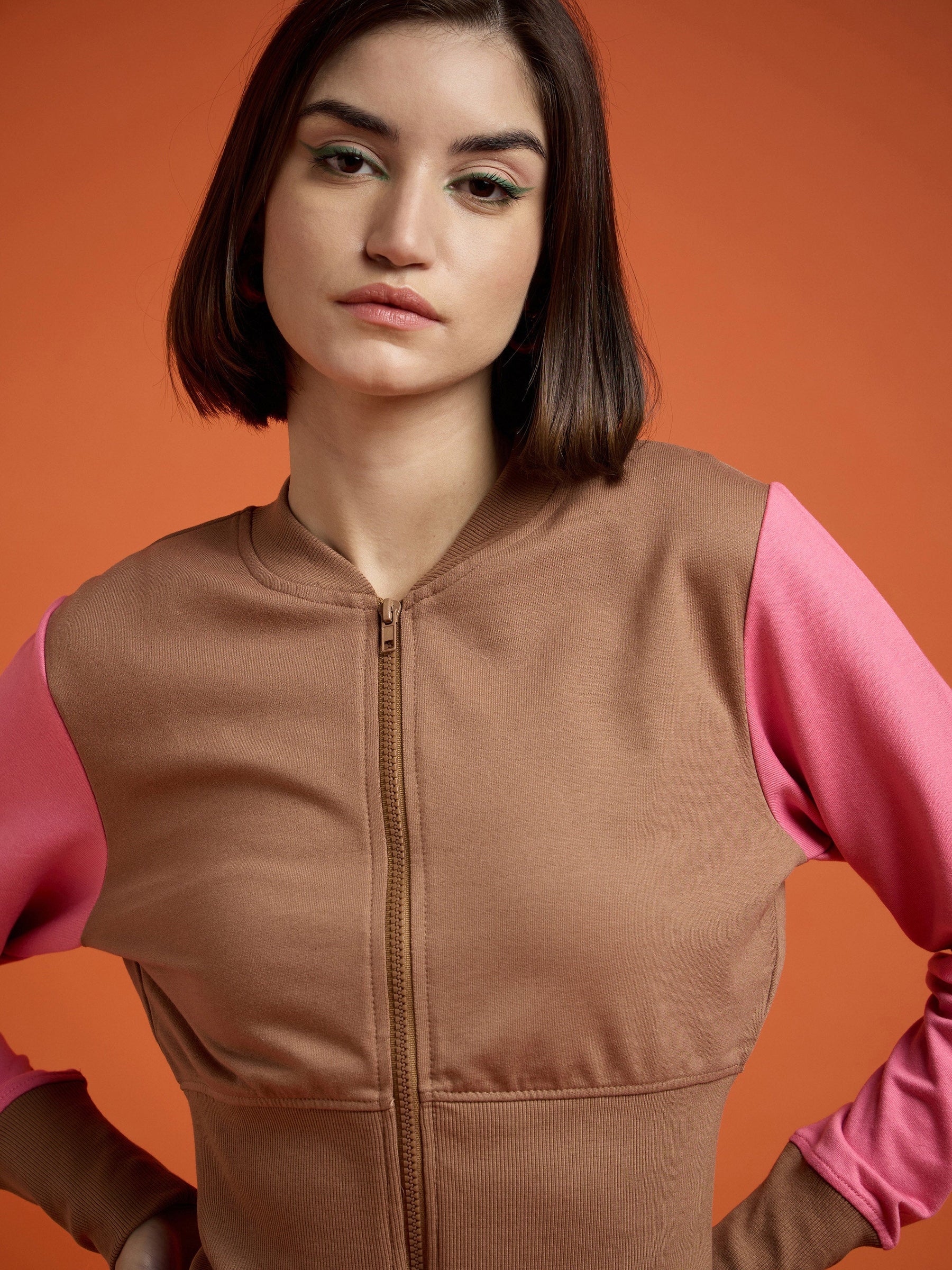 Brown WHO CARES Color Block Crop Jacket-SASSAFRAS