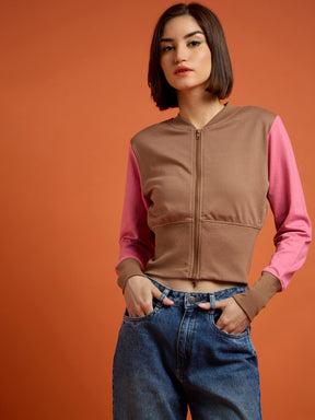 Brown WHO CARES Color Block Crop Jacket-SASSAFRAS