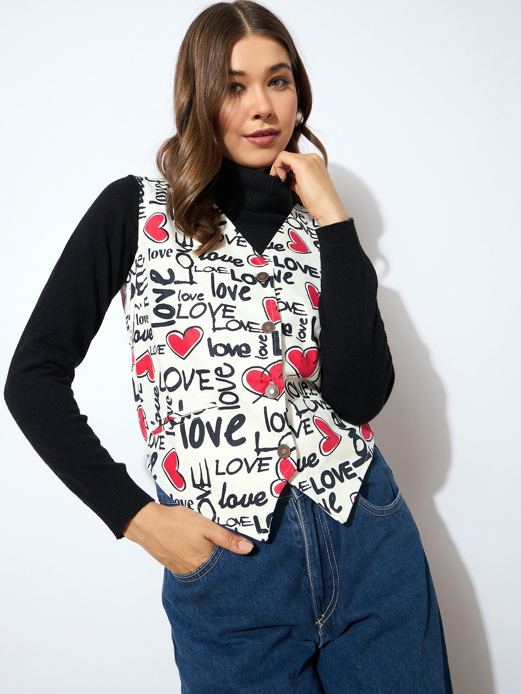 Red Love Heart Print Waistcoat-SASSAFRAS