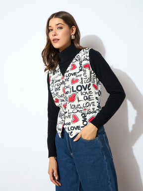 Red Love Heart Print Waistcoat-SASSAFRAS