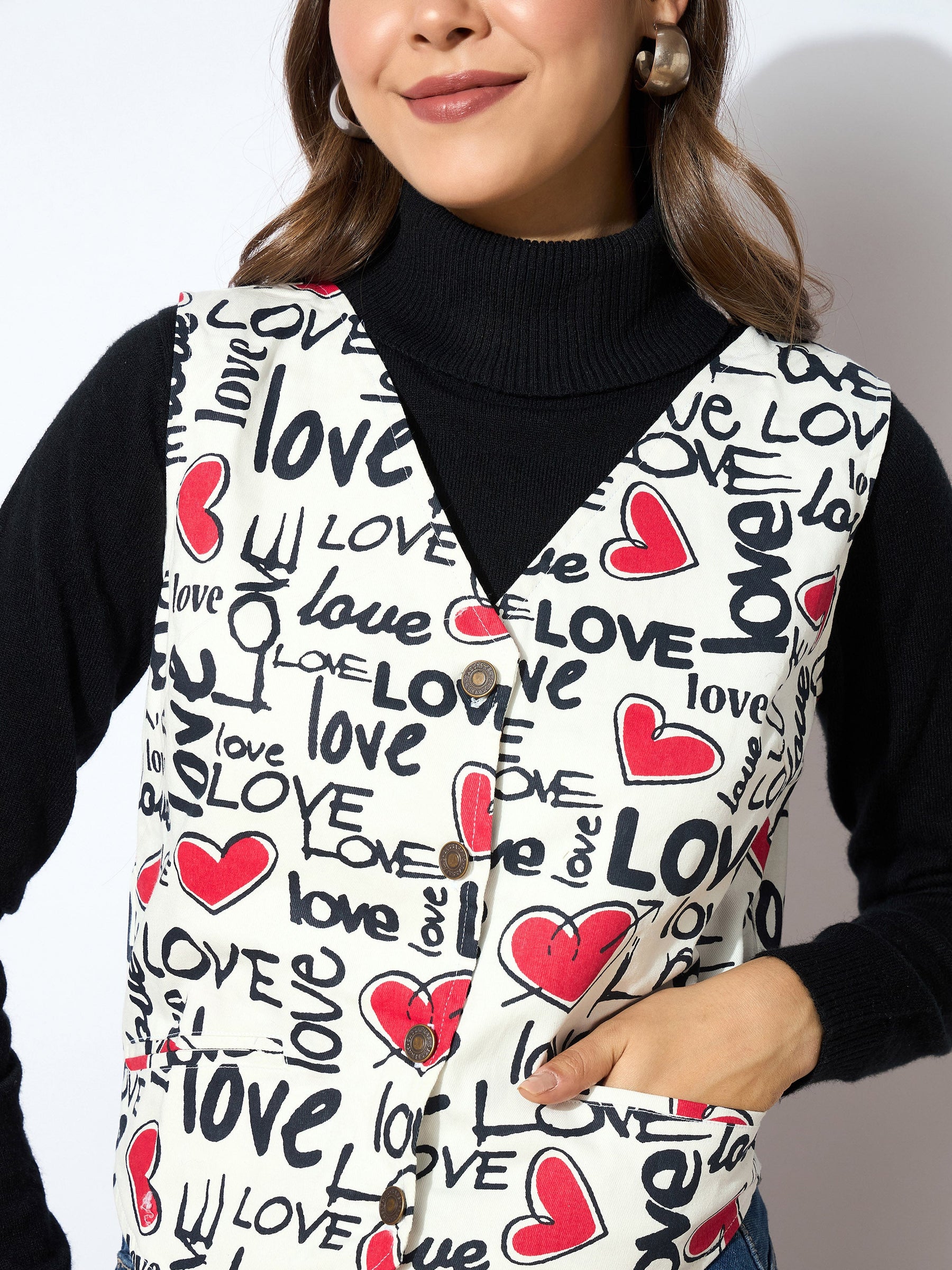 Red Love Heart Print Waistcoat-SASSAFRAS