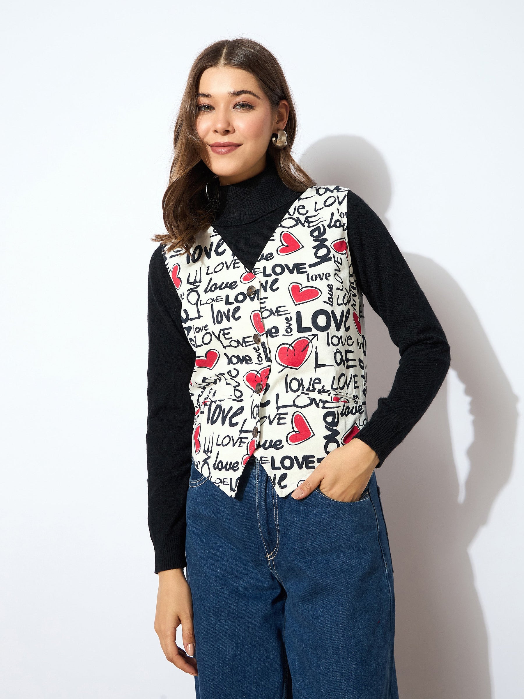 Red Love Heart Print Waistcoat-SASSAFRAS