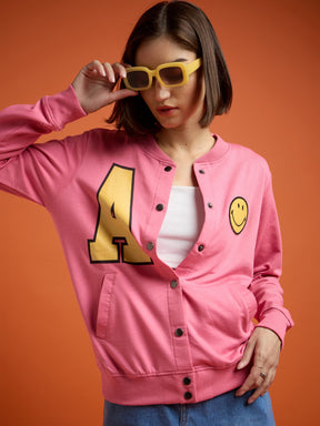 Pink Terry Smiley Patch Printed Varsity Jacket-SASSAFRAS