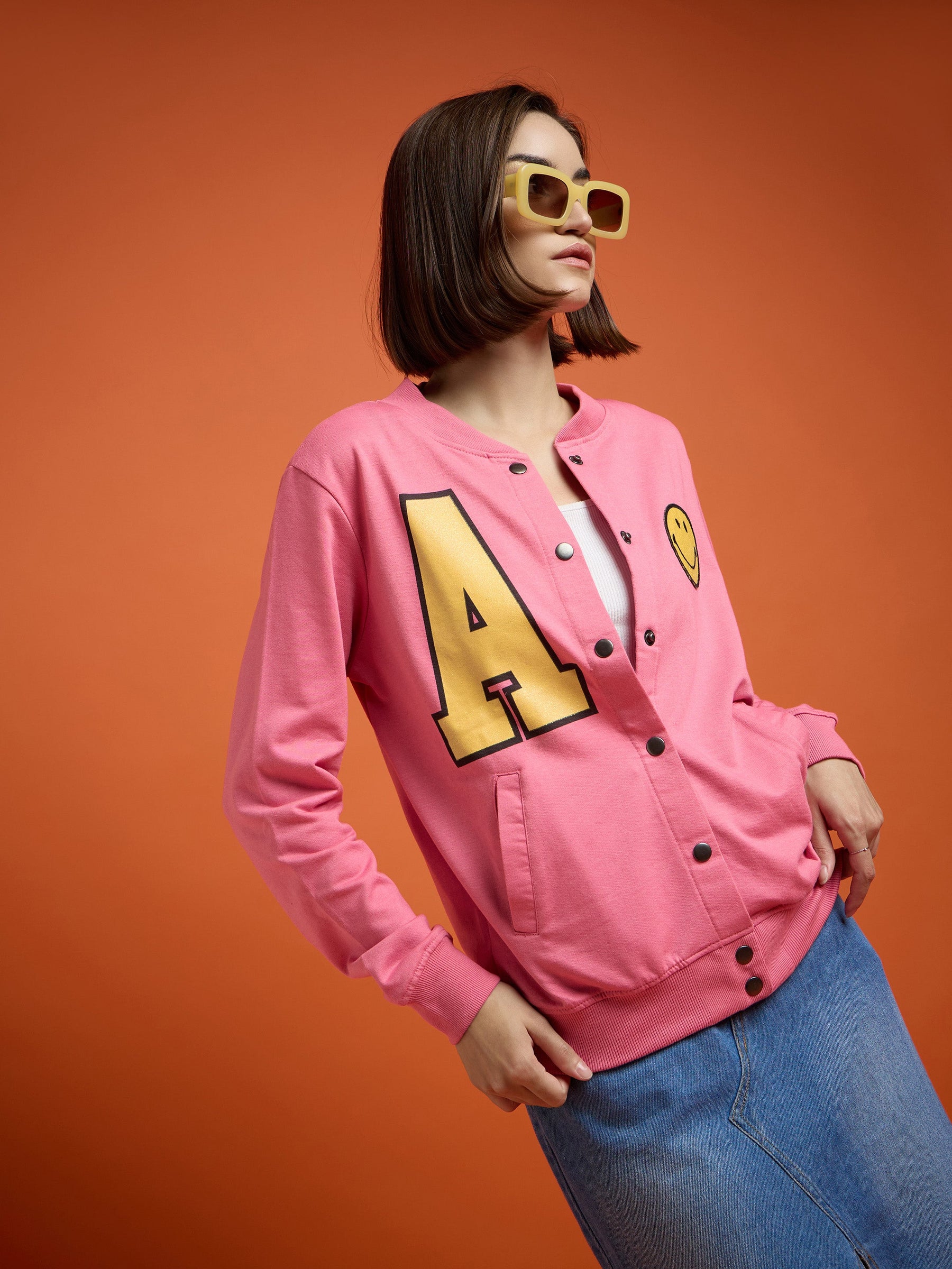 Pink Terry Smiley Patch Printed Varsity Jacket-SASSAFRAS