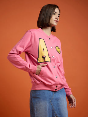 Pink Terry Smiley Patch Printed Varsity Jacket-SASSAFRAS