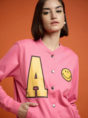 Pink Terry Smiley Patch Printed Varsity Jacket-SASSAFRAS