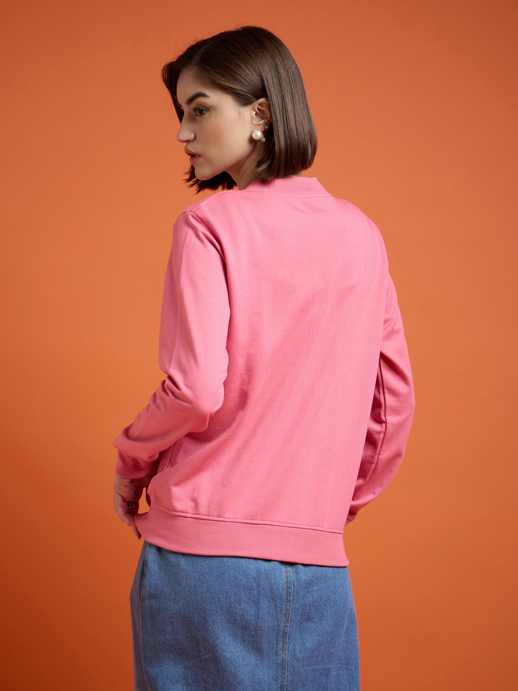 Pink Terry Smiley Patch Printed Varsity Jacket-SASSAFRAS