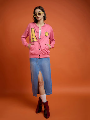 Pink Terry Smiley Patch Printed Varsity Jacket-SASSAFRAS