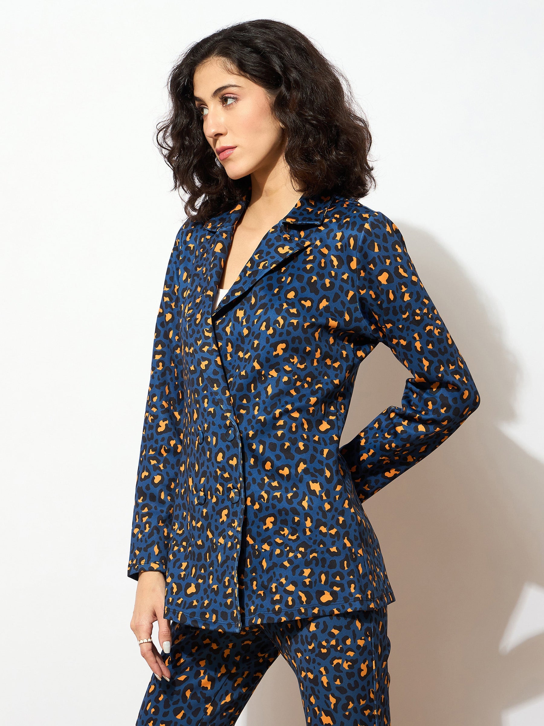 Navy Cheetah Scuba Double Breasted Blazer -SASSAFRAS