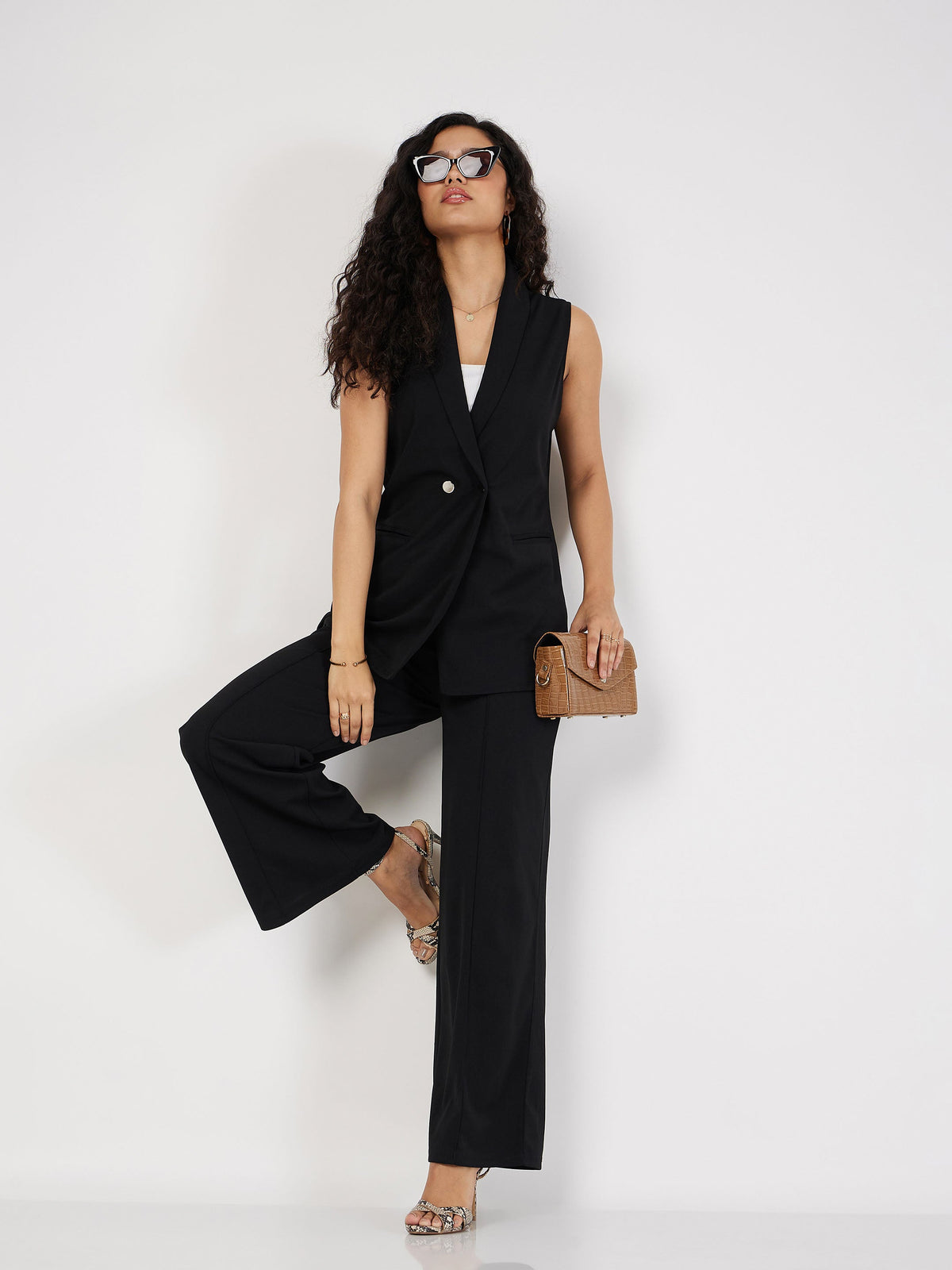 Black Double-Breast Sleeveless Longline Blazer-SASSAFRAS