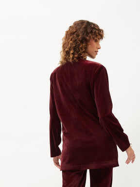 Women Maroon Velvet Shawl Collar Blazer