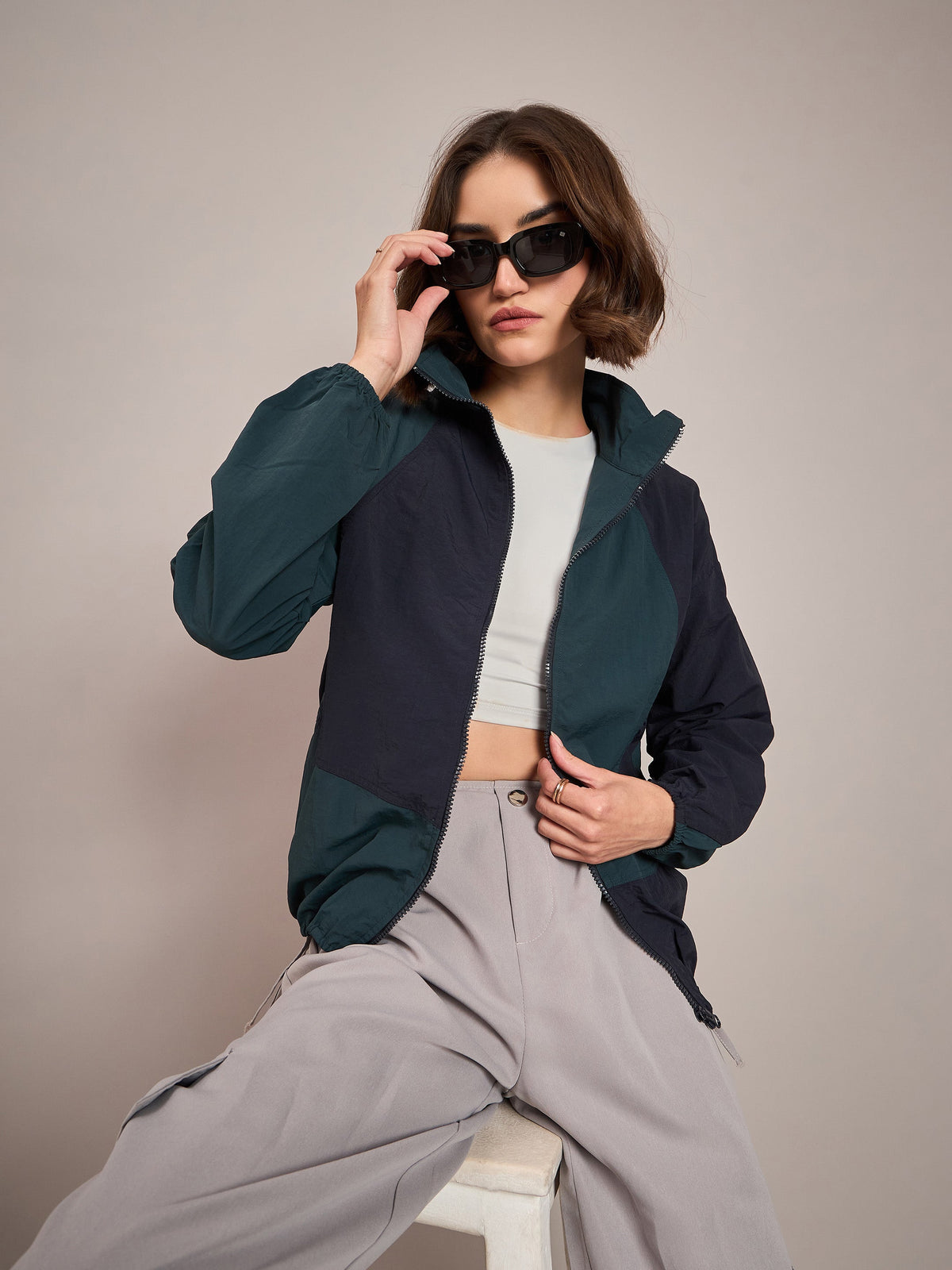 Green ColourBlock Parachute Zipper Jacket-SASSAFRAS