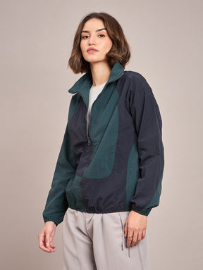 Green ColourBlock Parachute Zipper Jacket-SASSAFRAS