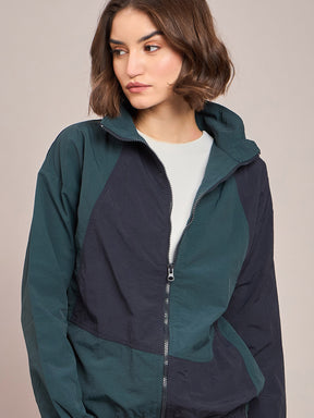 Green ColourBlock Parachute Zipper Jacket-SASSAFRAS