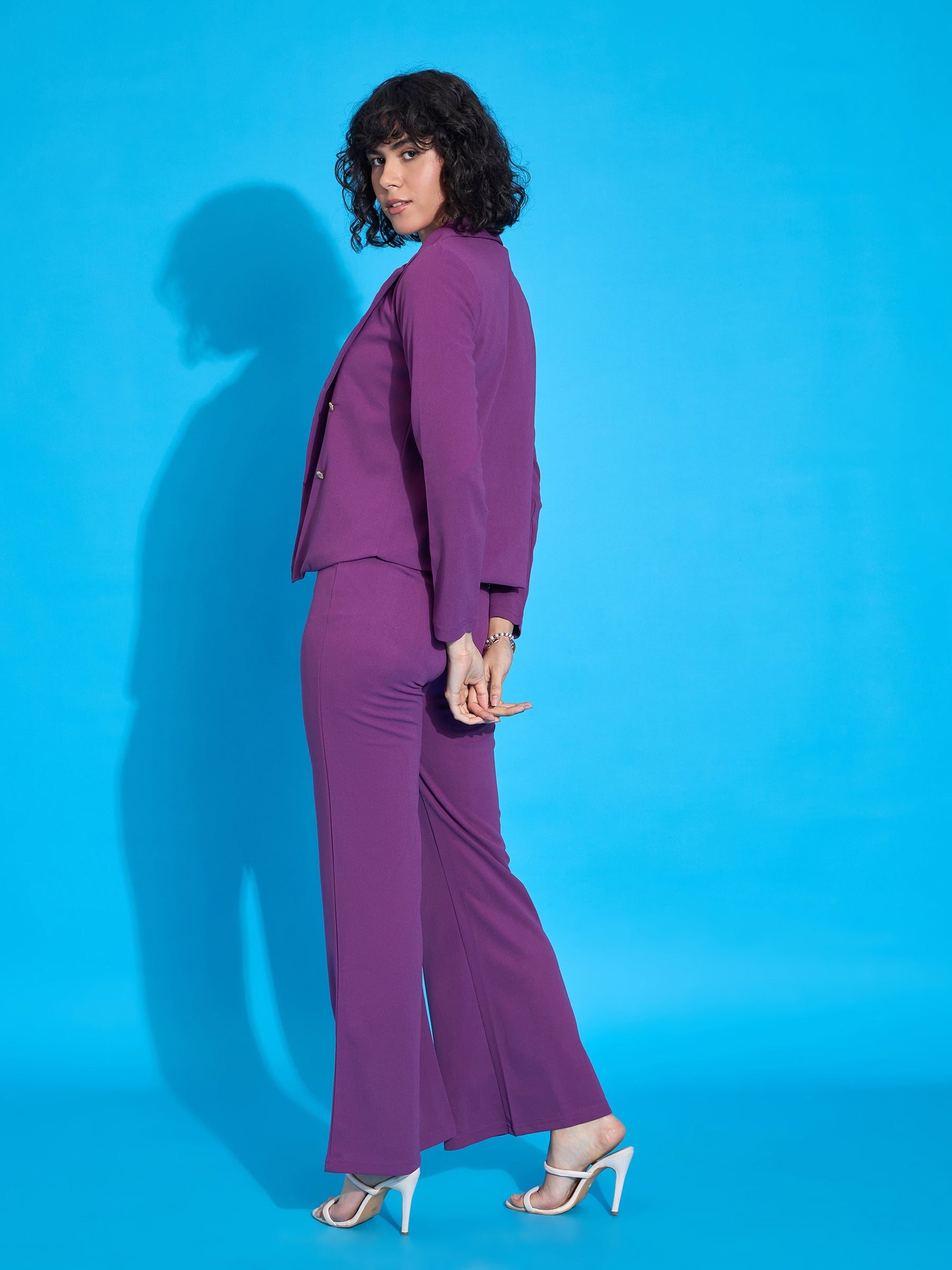 Purple Single-Breasted Blazer With Bell Bottom Pants-SASSAFRAS worklyf