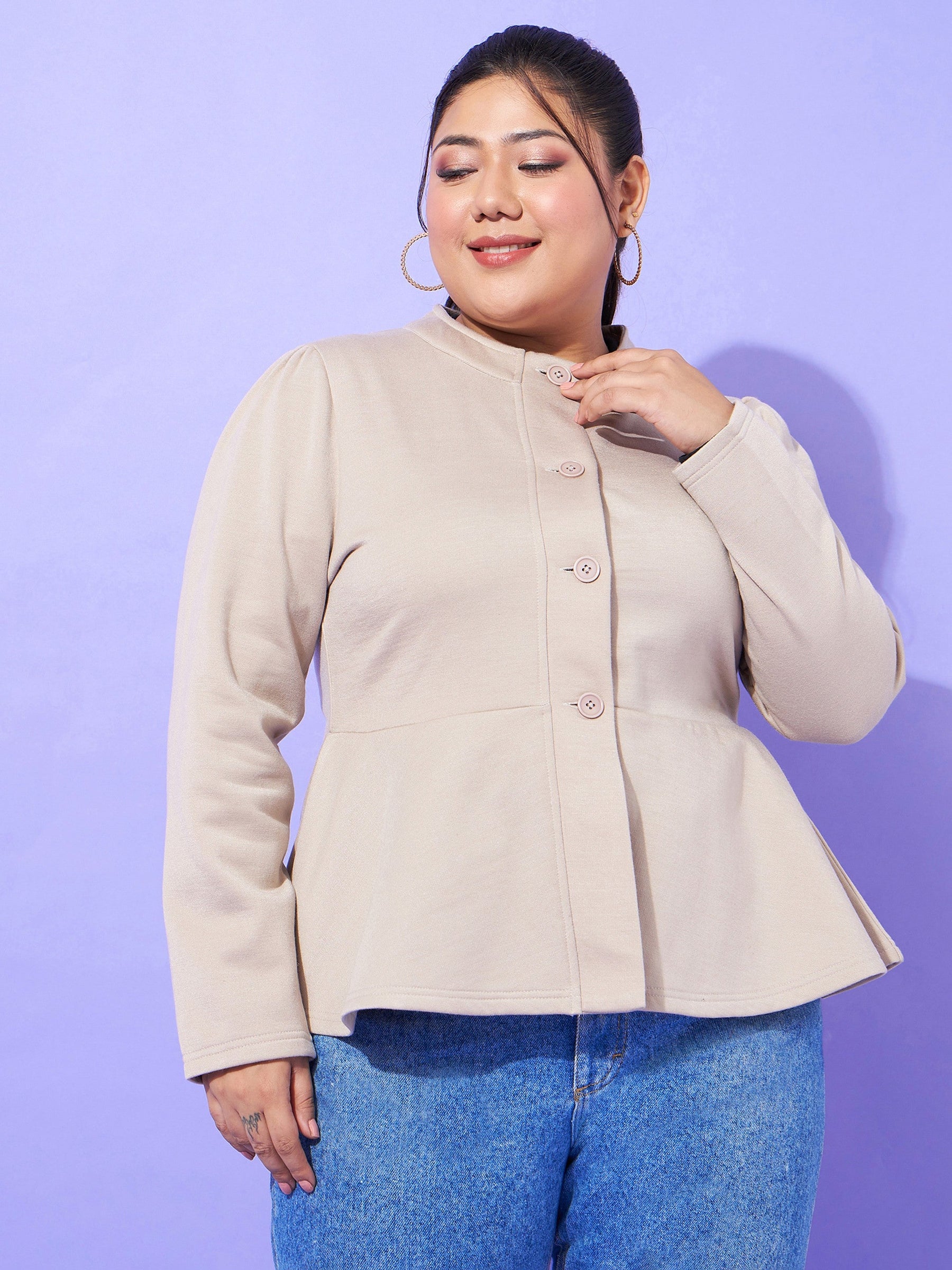 Grey Fleece Button Peplum Jacket-SASSAFRAS Curve