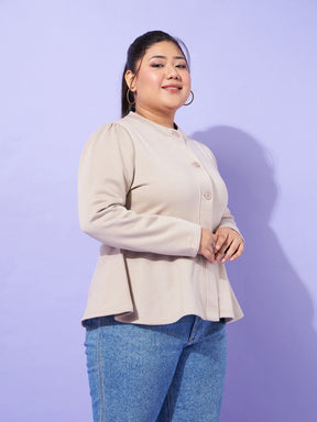 Grey Fleece Button Peplum Jacket-SASSAFRAS Curve