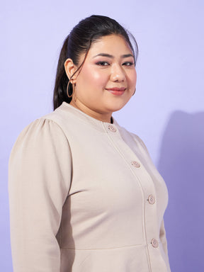 Grey Fleece Button Peplum Jacket-SASSAFRAS Curve