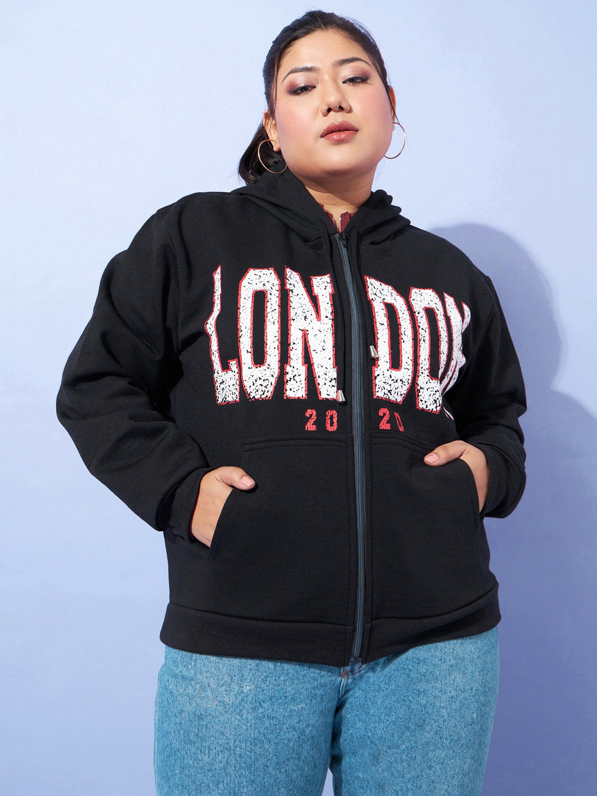 Black LONDON Printed Fleece Zipper Jacket -SASSAFRAS Curve