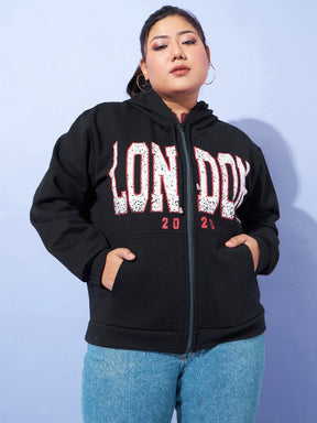 Black LONDON Printed Fleece Zipper Jacket -SASSAFRAS Curve