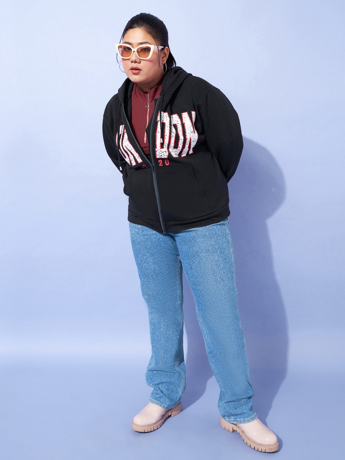 Black LONDON Printed Fleece Zipper Jacket -SASSAFRAS Curve