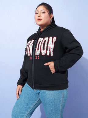 Black LONDON Printed Fleece Zipper Jacket -SASSAFRAS Curve