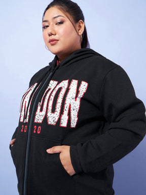 Black LONDON Printed Fleece Zipper Jacket -SASSAFRAS Curve