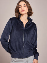 Navy Velour Zipper Jacket-SASSAFRAS