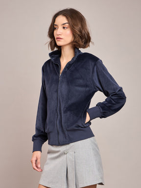 Navy Velour Zipper Jacket-SASSAFRAS