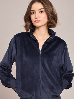 Navy Velour Zipper Jacket-SASSAFRAS