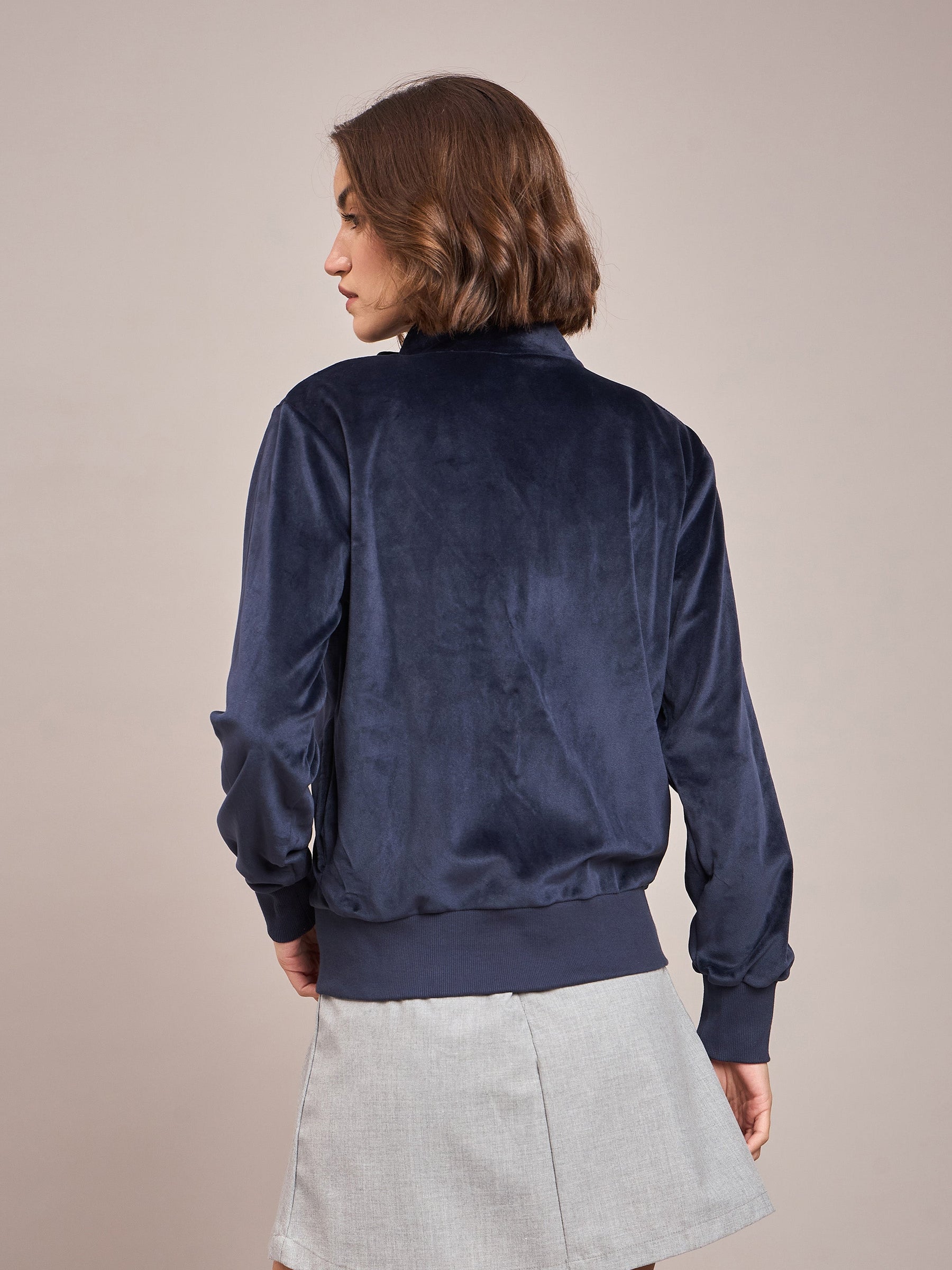 Navy Velour Zipper Jacket-SASSAFRAS