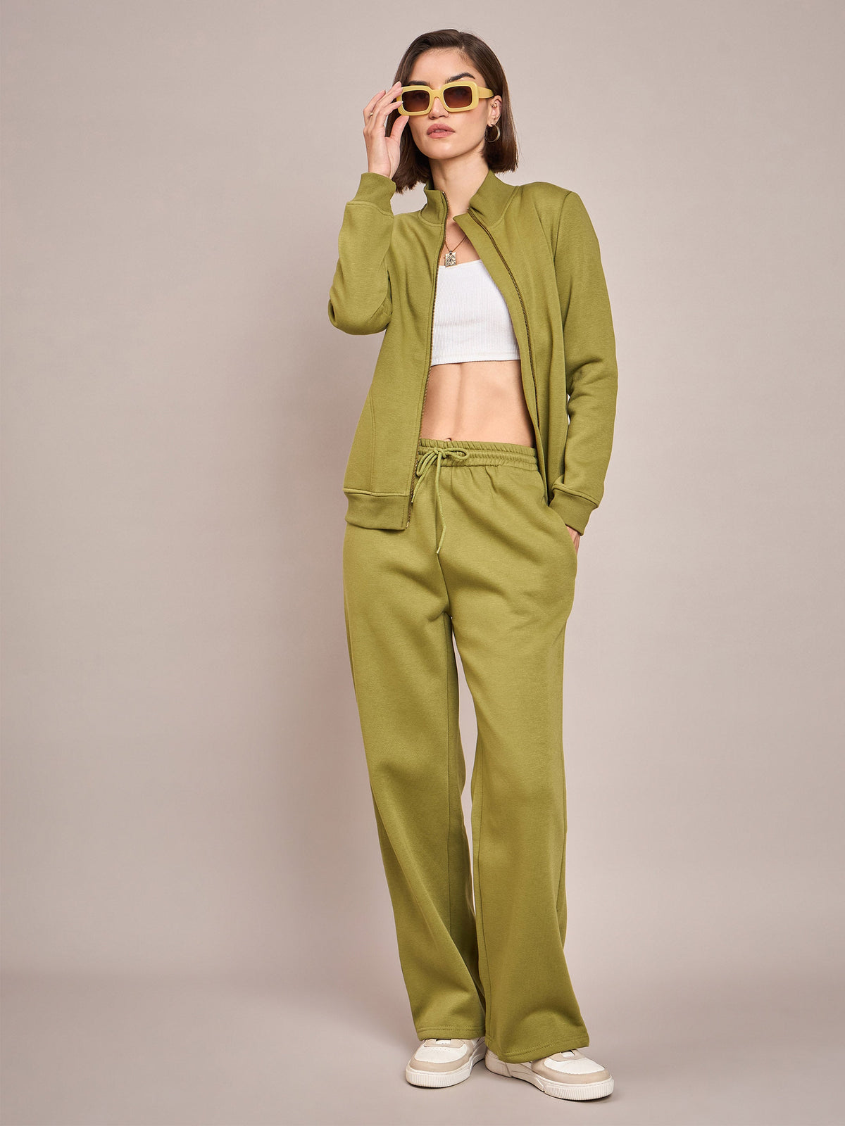 Olive Fleece Zipper Jacket With Track Pant-SASSAFRAS