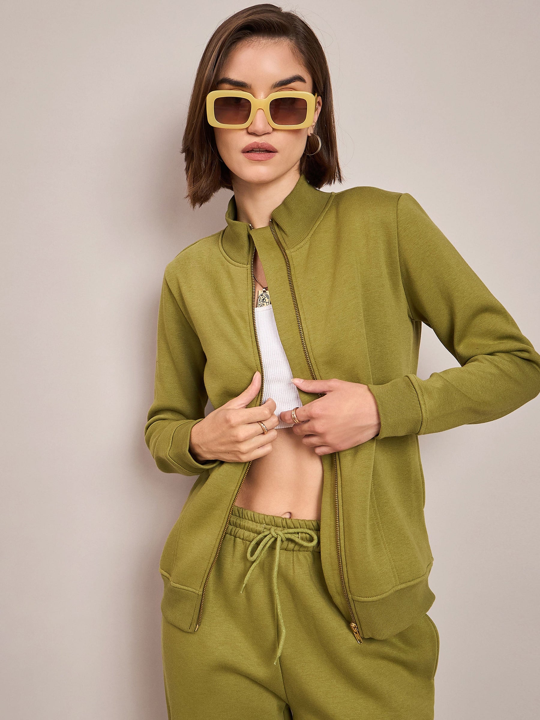 Olive Fleece Zipper Jacket With Track Pant-SASSAFRAS