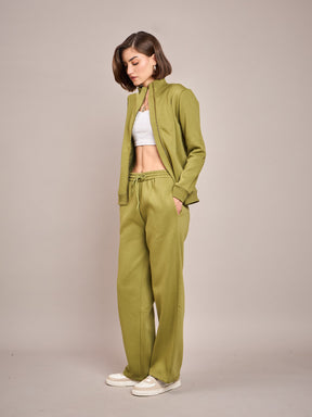 Olive Fleece Zipper Jacket With Track Pant-SASSAFRAS