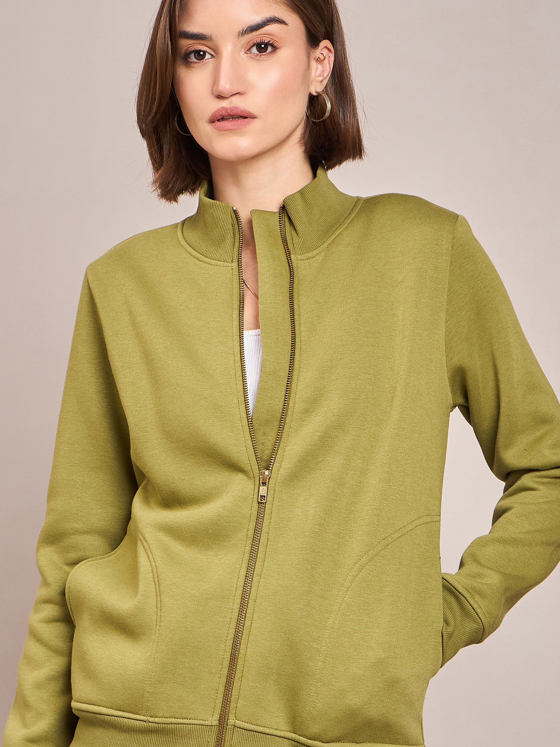 Olive Fleece Zipper Jacket With Track Pant-SASSAFRAS