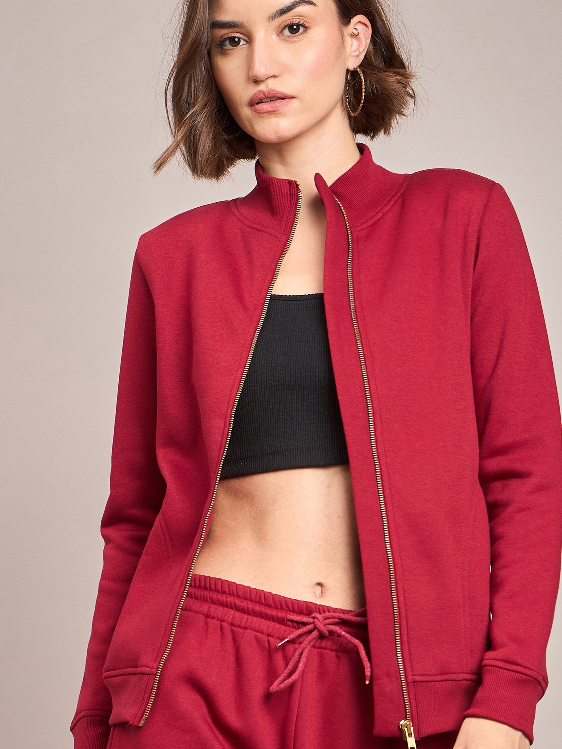 Maroon Fleece Zipper Jacket-SASSAFRAS