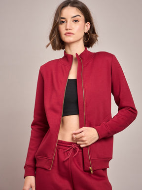 Maroon Fleece Zipper Jacket With Track Pant-SASSAFRAS