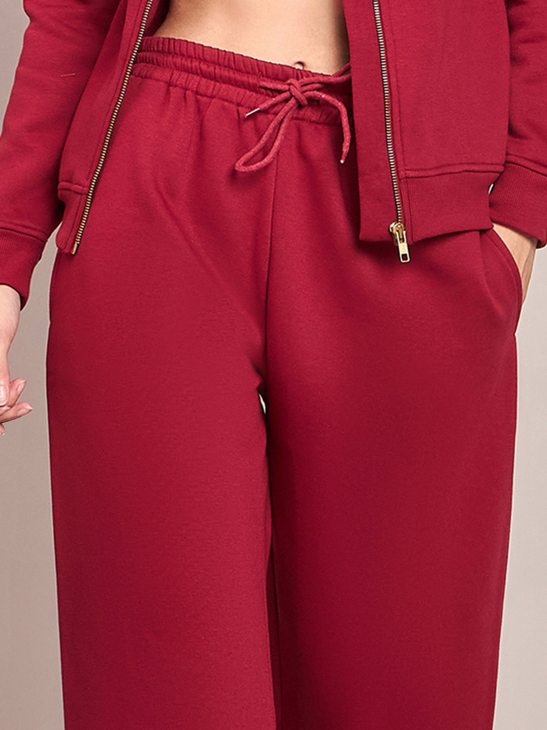 Maroon Fleece Zipper Jacket With Track Pant-SASSAFRAS