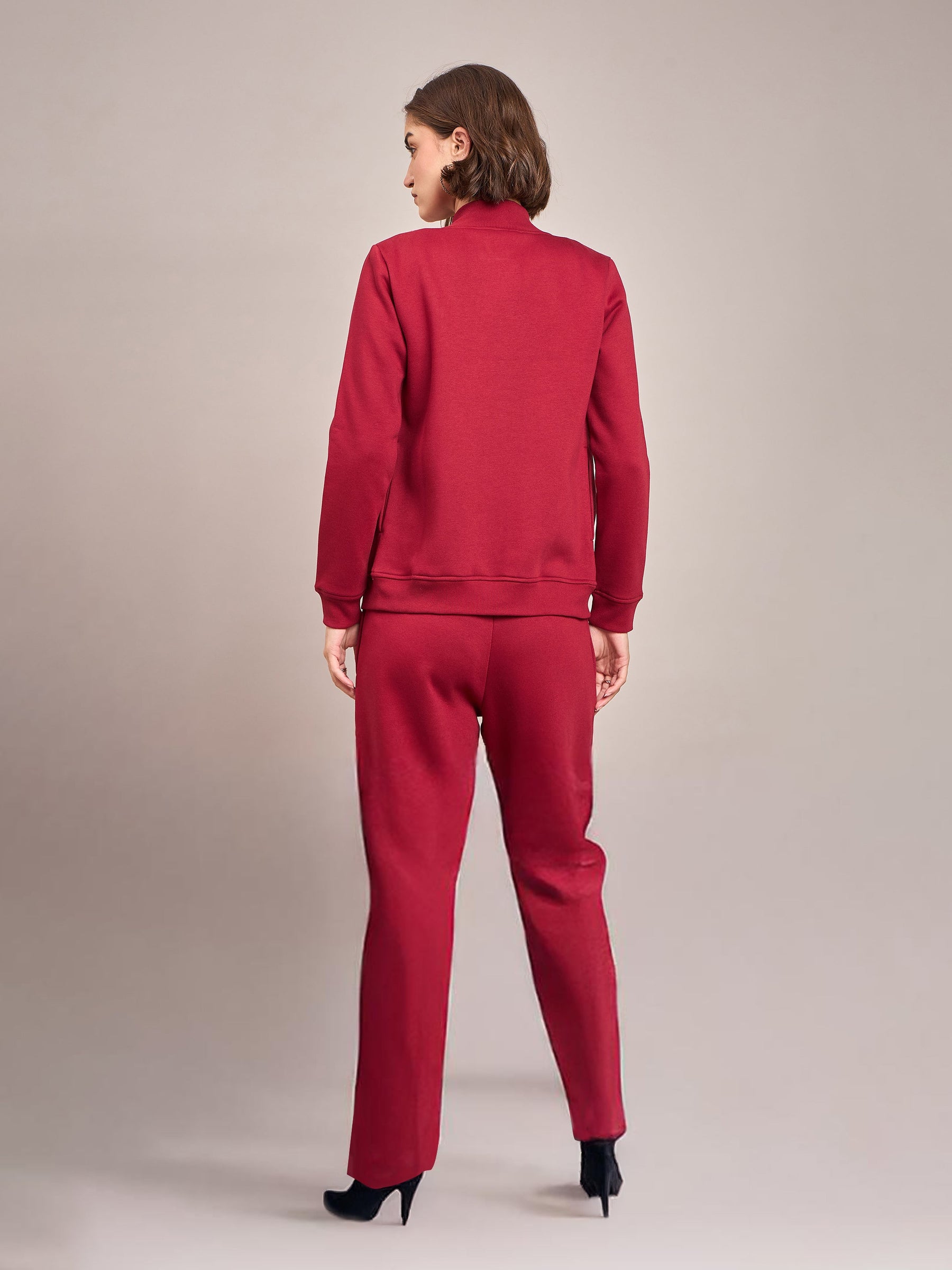 Maroon Fleece Zipper Jacket With Track Pant-SASSAFRAS