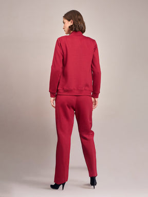 Maroon Fleece Zipper Jacket With Track Pant-SASSAFRAS