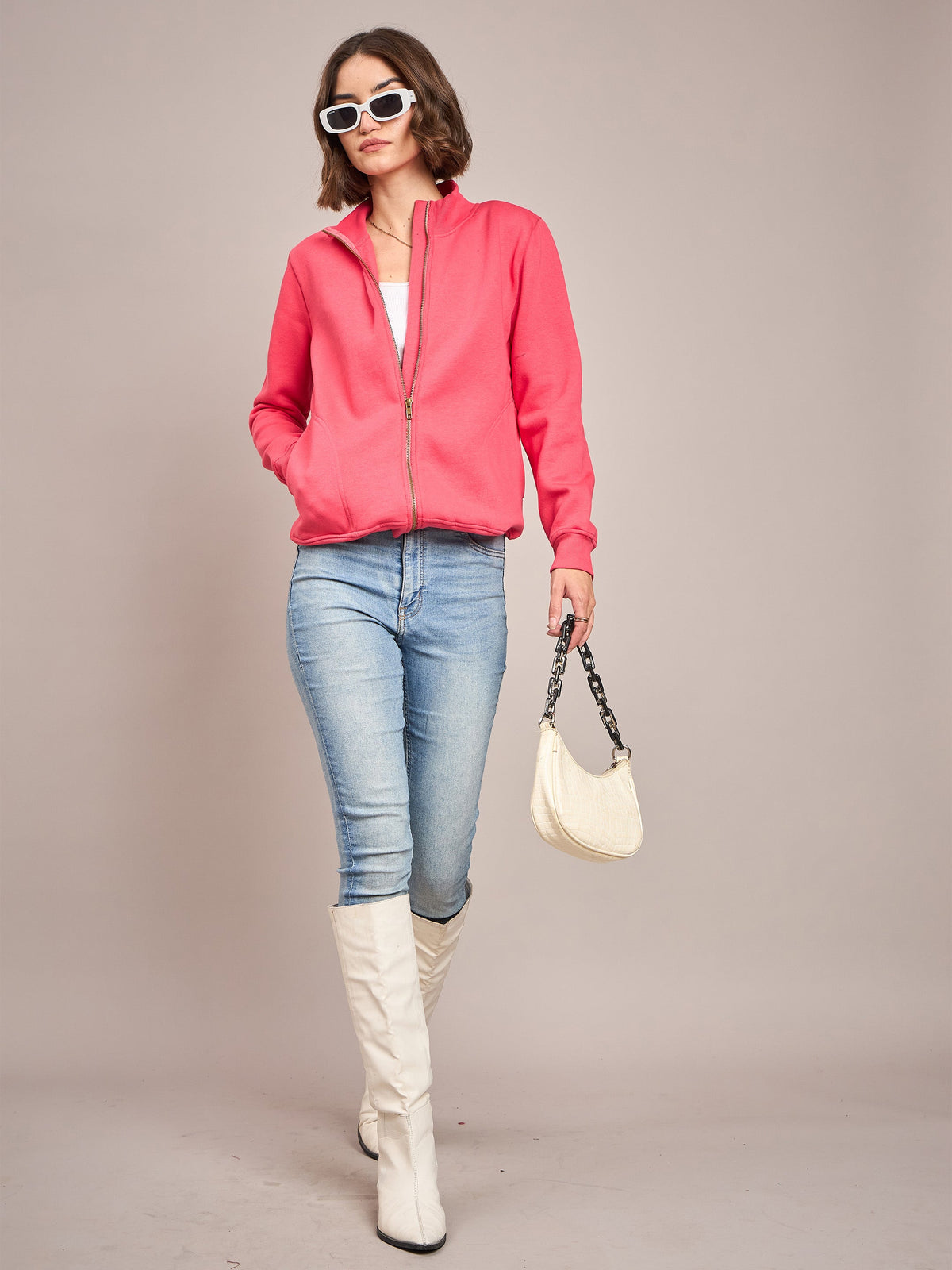 Pink Fleece Zipper Jacket-SASSAFRAS