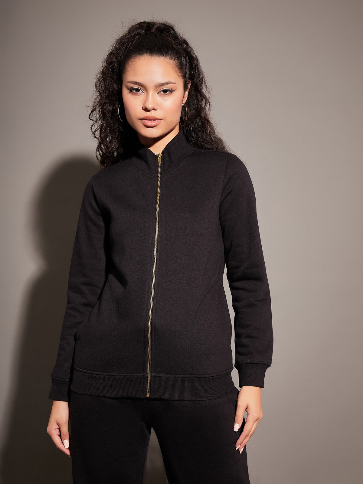 Black Fleece Zipper Jacket With Pant-SASSAFRAS
