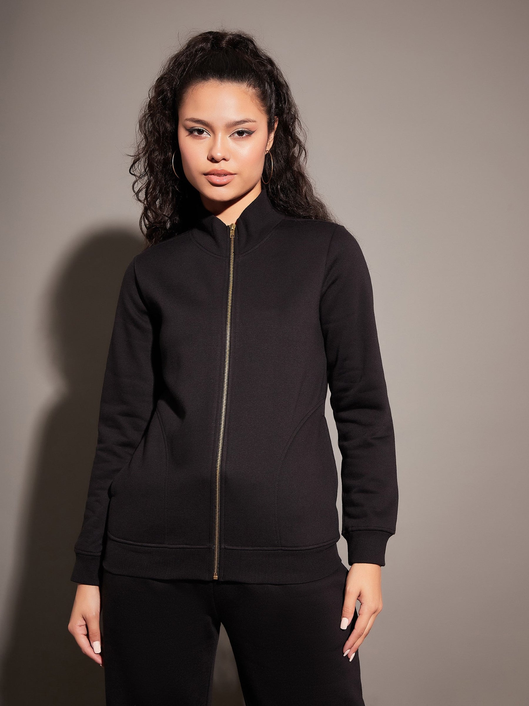 Black Fleece Zipper Jacket With Pant-SASSAFRAS