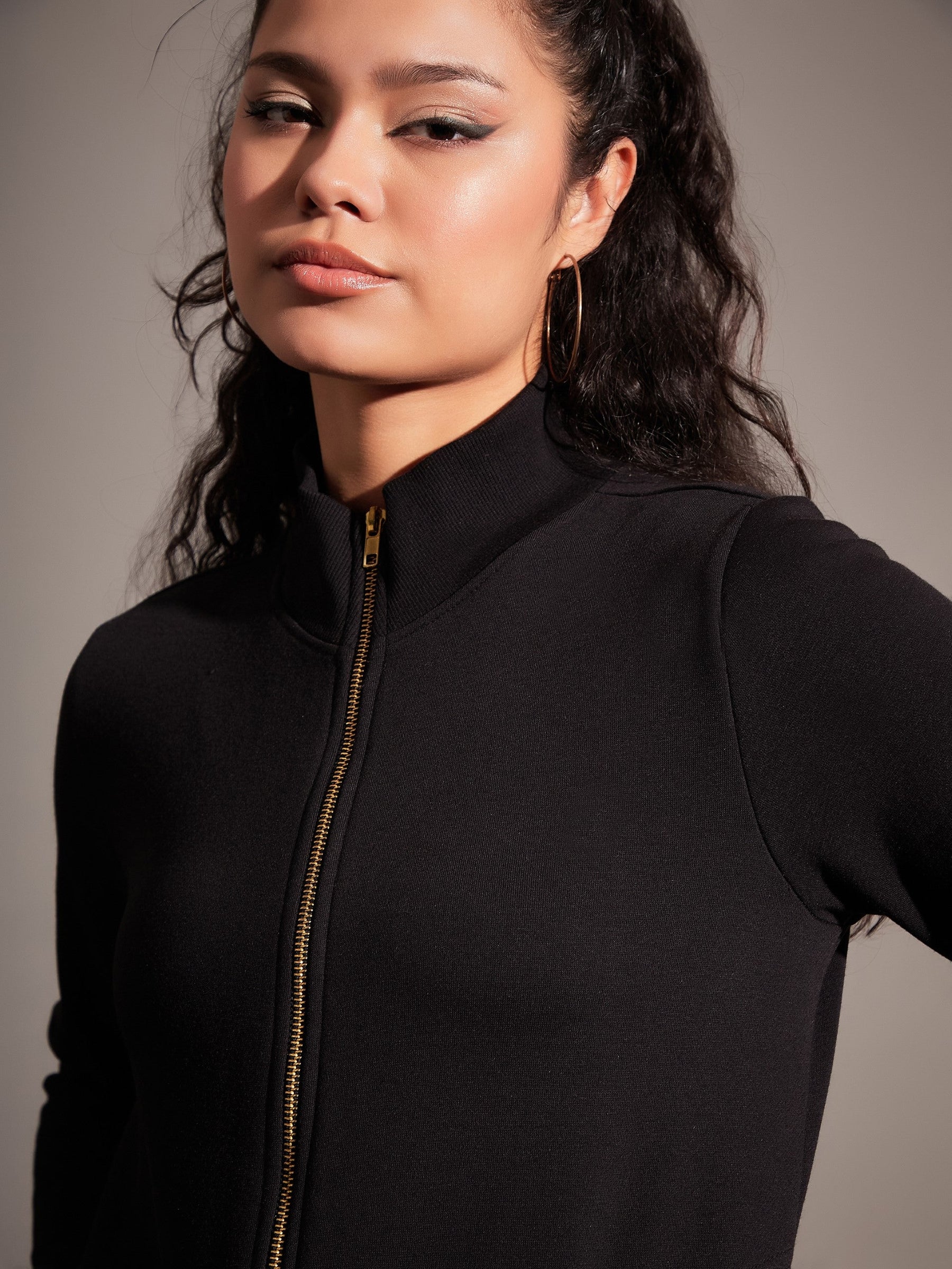 Black Fleece Zipper Jacket With Pant-SASSAFRAS