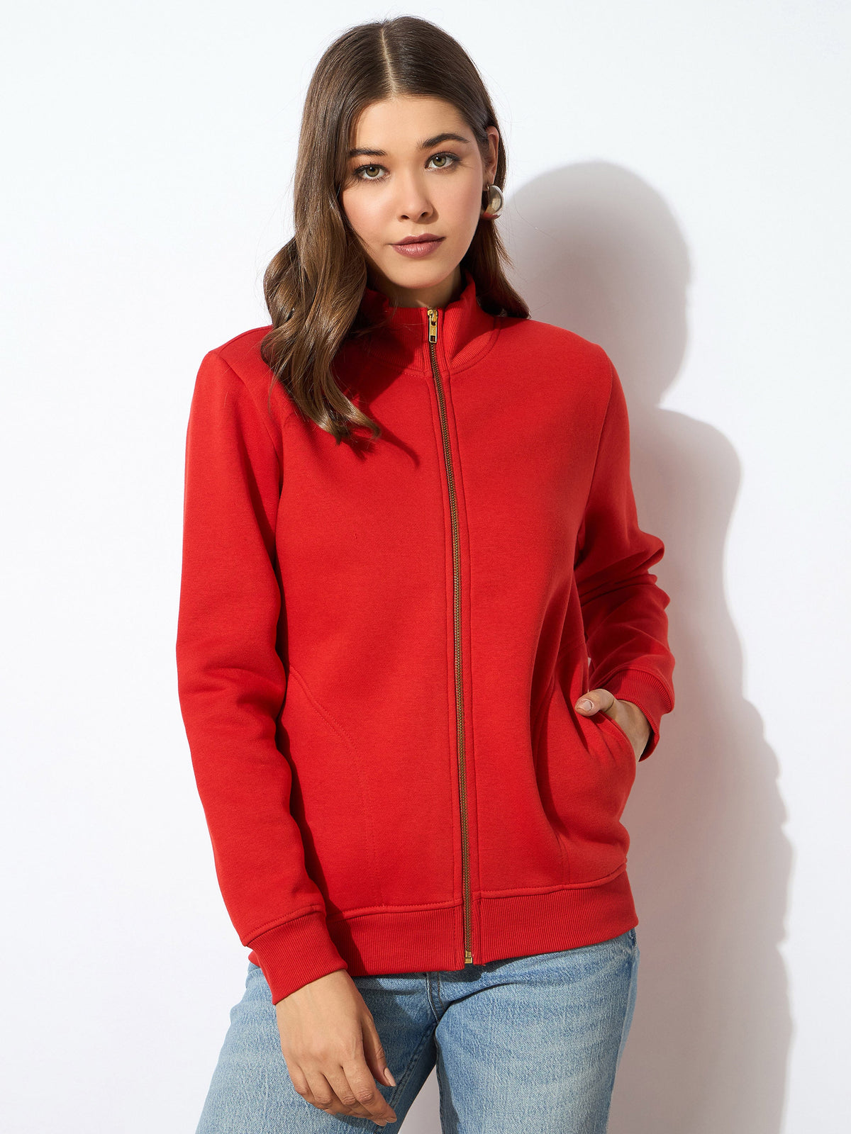 Red Fleece Zipper Jacket-SASSAFRAS