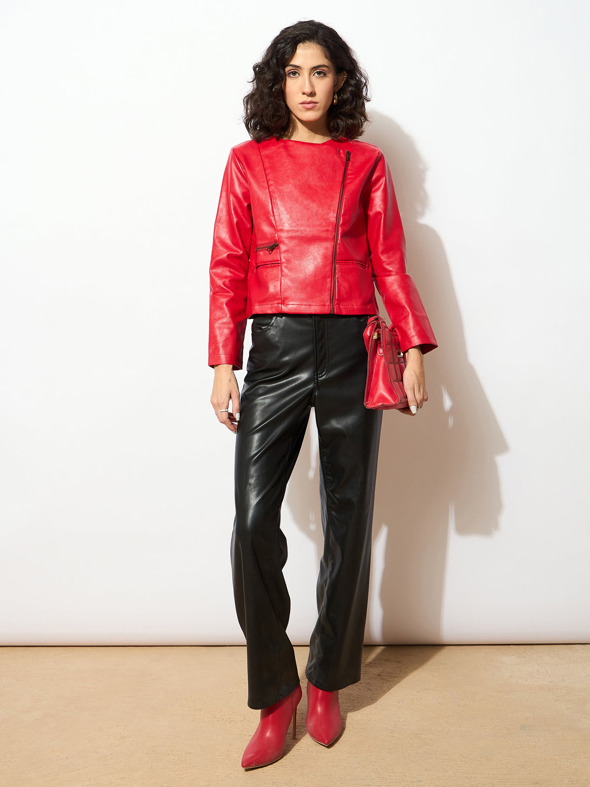 Red PU Biker Jacket-SASSAFRAS