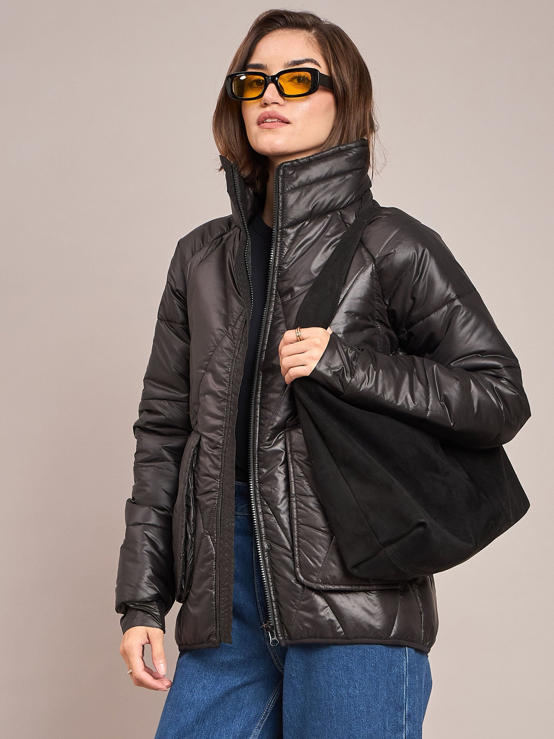 Black High Neck Diamond Quilt Puffer Jacket-SASSAFRAS