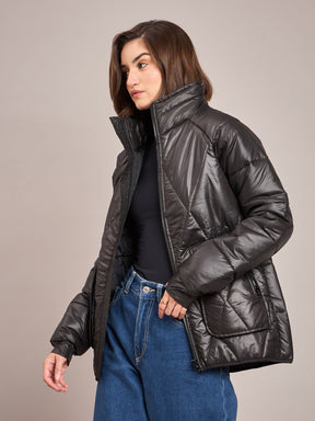 Black High Neck Diamond Quilt Puffer Jacket-SASSAFRAS