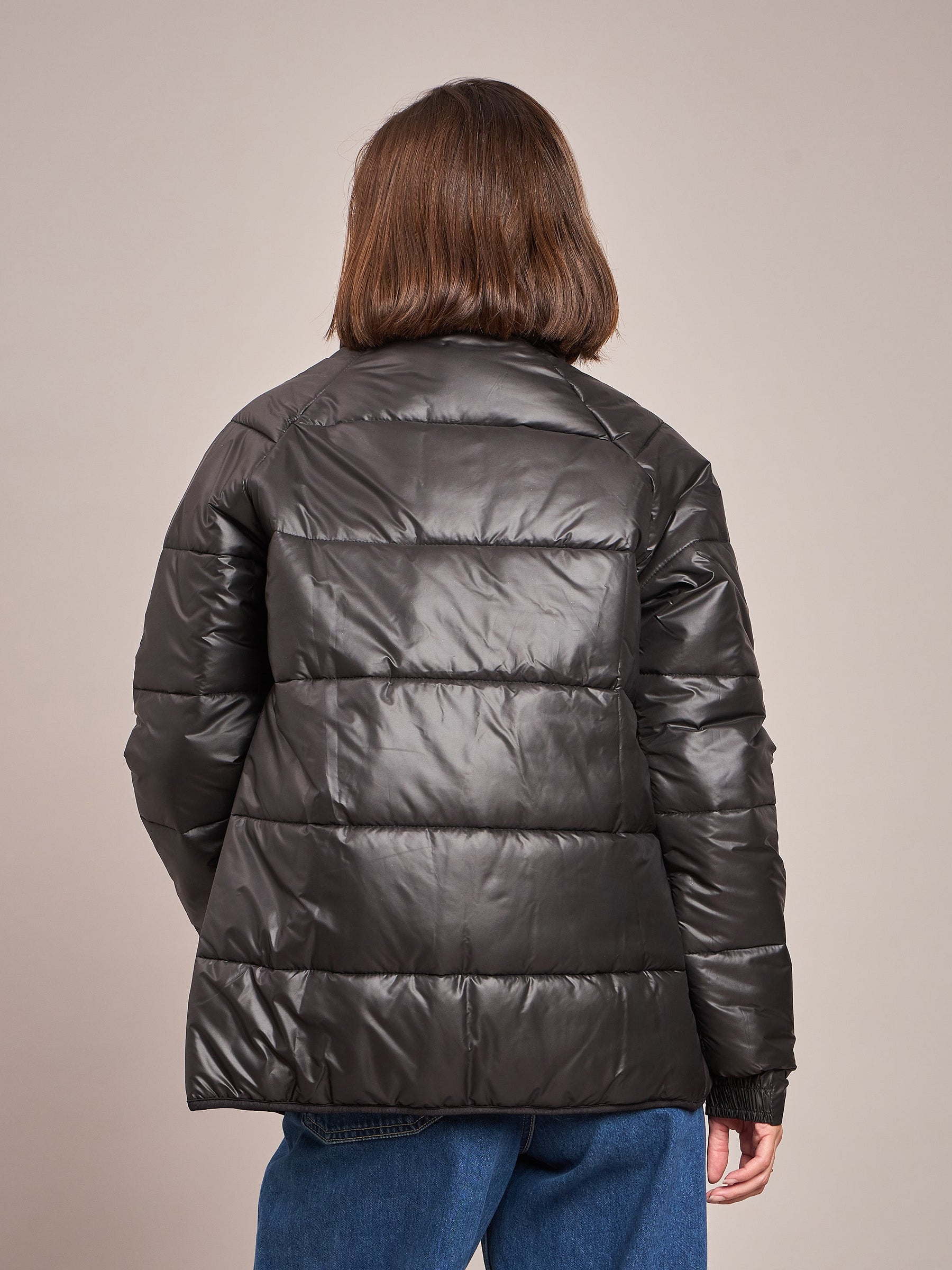 Black High Neck Diamond Quilt Puffer Jacket-SASSAFRAS